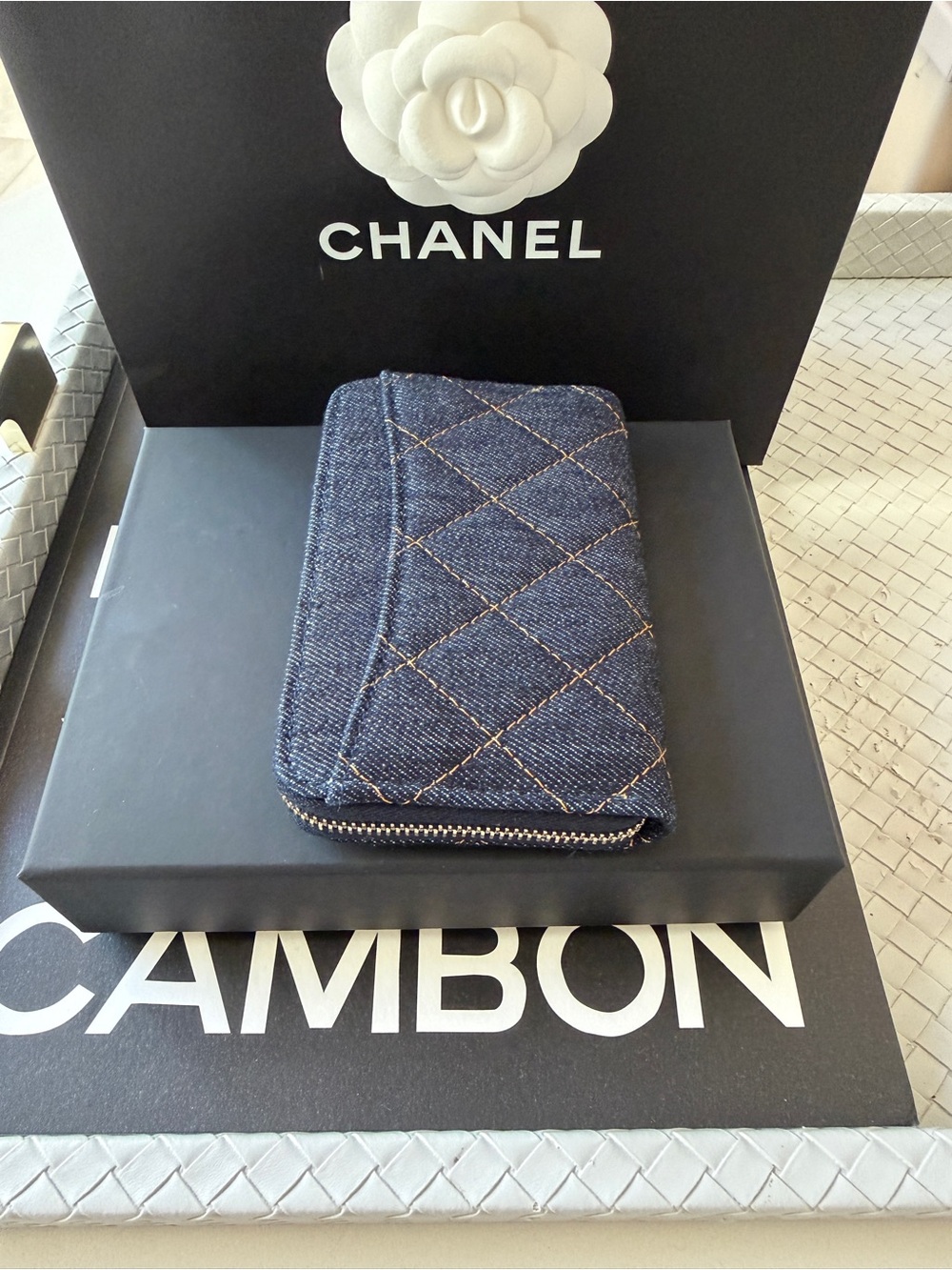 Chanel 26P Classic Zipped Zip Coin Purse Denim Dark Blue Orange mJean Wallet NWT - Picture 12 of 17